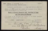 Daniel O’Connell Memorial Hall, Irish Hall of Fame and Irish Historical Museum contribution pledge slips