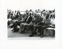 Walsh Hall exterior: dedication with Raymond and Mrs. Simmes, Alfred G. Pennino, Jan and Frank Campanella, and Brian Massey