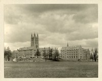 Gasson Hall and Devlin Hall from athletic fields by Clifton Church
