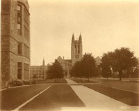 Saint Mary&#39;s Hall, Devlin Hall, and Gasson Hall from sidewalk on Linden Lane, by Clifton Church
