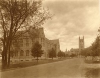 Saint Mary&#39;s Hall, Gasson Hall, and construction near Bapst Library looking down Linden Lane, by Clifton Church