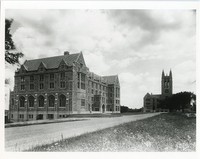 Saint Mary&#39;s Hall and Gasson Hall from flowery edge of Linden Lane, by Clifton Church