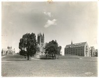 Saint Mary&#39;s Hall, Gasson Hall, and Devlin Hall in spring, by Clifton Church