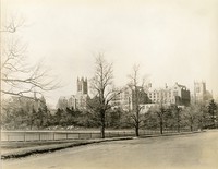 Devlin Hall, Gasson Hall, Saint Mary&#39;s Hall, and Bapst Library from path around reservoir, by Clifton Church
