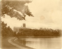 Devlin tower, Gasson Hall, Saint Mary&#39;s Hall, and Bapst Library Ford Tower from path around reservoir, by Clifton Church