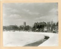 Devlin Hall, Gasson Hall, Saint Mary&#39;s Hall, and Bapst Library from reservoir in winter, by Clifton Church