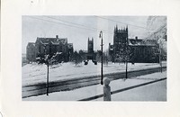 Saint Mary&#39;s Hall, Gasson Hall, and Bapst Library with snow, from across Commonwealth Avenue looking down Linden Lane, clipping with Student Army Training Corps unit lined up on Linden Lane and chapel altar on reverse
