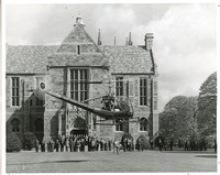 Bapst Library exterior: south view with helicopter landing in main entrance lawn for Start of Business seminar