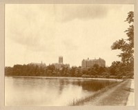 Devlin Hall, Gasson Hall, and Saint Mary&#39;s Hall with tree on right, from path around reservoir, by Clifton Church