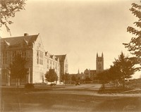 Saint Mary&#39;s Hall, Devlin Hall, and Gasson Hall with construction near Bapst Library, from Linden Lane, by Clifton Church