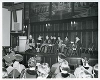 Gasson Hall interior: rededication with Thomas O&#39;Malley, Frank Campanella, Mary Dineen, Charles Donovan, Robert Braunreuther, J. Donald Monan, and Donald White