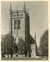 Bapst Library exterior: Ford Tower, side view from Linden Lane, by Clifton Church