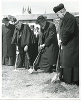 Campion Hall exterior: groundbreaking with Joseph R. N. Maxwell, Richard Cushing, and Gregoire-Pierre Agagianian with shovels