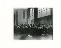 Campion Hall interior: students having lunch in former gymnasium