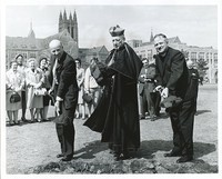 Carney Hall exterior: groundbreaking with Joseph Maguire, Richard Cushing, and Michael P. Walsh with shovels