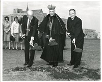 Carney Hall exterior: groundbreaking with Helen FitzGerald, Richard Cushing, Joseph Maguire, and Michael P. Walsh