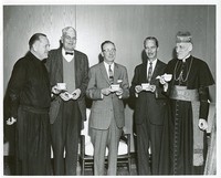 Cushing Hall interior: dedication with Michael P. Walsh and Richard Cushing holding teacups