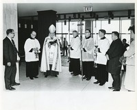 Cushing Hall interior: dedication with Charles F. Donovan, Eric F. MacKenzie, Richard G. Shea, Francis B. McManus, and Felix Talbot