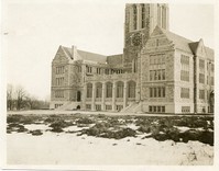 Gasson Hall exterior: front from right in snow