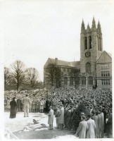 Gasson Hall exterior: front, student rally from Bapst Library lawn