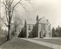 Bapst Library exterior: main entrance from left side with view of Commonwealth Avenue and St. Mary&#39;s Hall, by Clifton Church