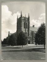 Bapst Library exterior: Ford Tower from paved Linden Lane, by Clifton Church
