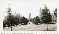 Gasson Hall exterior: bell tower from Commonwealth Avenue looking down Linden Lane