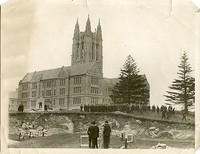 Gasson Hall exterior during groundbreaking for Saint Mary&#39;s Hall