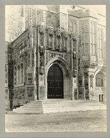 Bapst Library exterior: Ford Tower entrance with dirt lawn, by Clifton Church