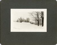 Bapst Library exterior: side view in winter with Saint Mary&#39;s Hall, by Clifton Church