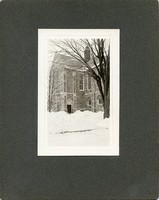 Bapst Library exterior: main entrance, side view in winter, by Clifton Church