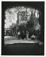 O&#39;Connell House exterior: driveway with priest and students standing