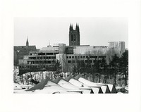 O&#39;Neill Library exterior under construction with Gasson tower in background