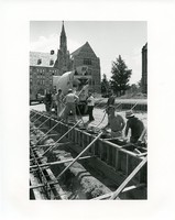 O&#39;Neill Library exterior under construction with workers and cement truck
