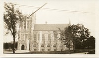 Bapst Library exterior: Ford Tower, side view with old trolley line running down Commonwealth Avenue