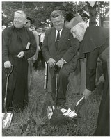 Roberts Center exterior: groundbreaking with Joseph R. N. Maxwell, John J. Griffin, and Richard Cushing