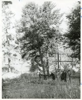 Roberts Center exterior: ground clearing, Joseph R. N. Maxwell assists in cutting down tree while John King, Wally Boudreau, Edward J. Whelan, and William J. Flynn look on
