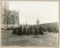 Saint Mary&#39;s Hall exterior: cloister garden without grass, by Clifton Church