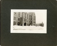 Saint Mary&#39;s Hall exterior: front entrance with snow from Linden Lane, by Clifton Church