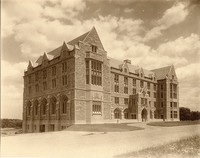 Saint Mary&#39;s Hall exterior: front from left on unpaved Linden Lane, by Clifton Church