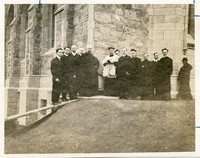 Saint Mary&#39;s Hall exterior during construction, cornerstone laying with Patrick S. Foley, John C. O&#39;Connell, Bernard Malone, John S. Keating, William J. Conway, Charles W. Lyons, William V. Corliss, William Devlin, Michael Jessup, Ignatius Novik, Owen F. Hayes, William Logue, and Daniel P. Creedon