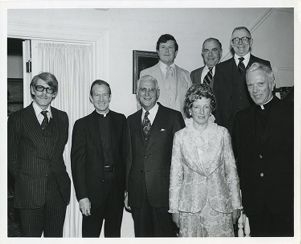 Celebrating their 25th anniversary at BC: Radu R. Florescue, J. Donald Monan, Justin Cronin, Margaret Griffin, Arthur MacGillivray, John McAleer, John J. Walsh, and Daniel McCue