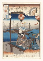 Parody of the Akashi Chapter: Evening Moon at Takanawa, woodblock print, ink and color on paper