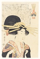 Portrait Head of an Unknown Courtesan from the series of Eight Trigrams, woodblock print, ink and color on paper