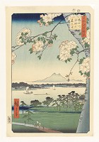 Suijin Shrine and Massaki on the Sumida River from the series One Hundred Famous Views of Edo, woodblock print, ink and color on paper