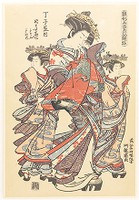 Toyoharu of the Chôjiya, Kamuro Tasoya and Takino from the series Models for Fashion: New Year Designs as Fresh as Young Leaves, woodblock print, ink and color on paper