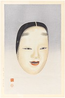 Mask of Noh-play, Maihime, woodblock print, ink and color on paper