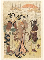 Women and Actor at Takanawa, woodblock print, ink and color on paper