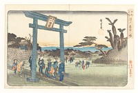 Tomigaoka Hachiman Shrine at Fukagawa from the series Famous Places in Edo, woodblock print, ink and color on paper