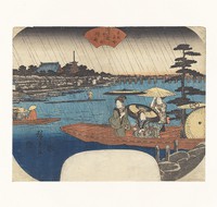 Rain at Onmayagashi from the series Famous Places in Edo, fan print, woodblock print, ink and color on paper